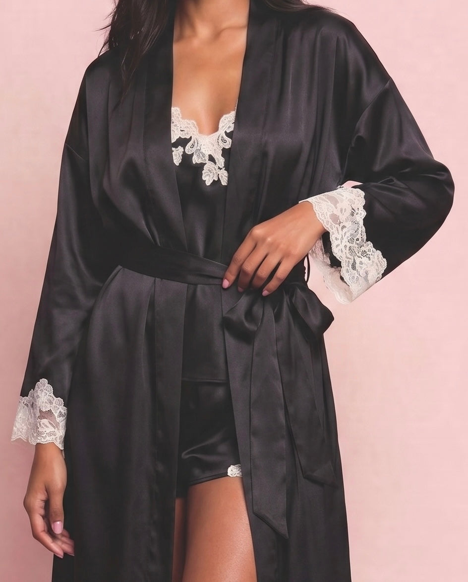Margo Silk Long Robe in Noir