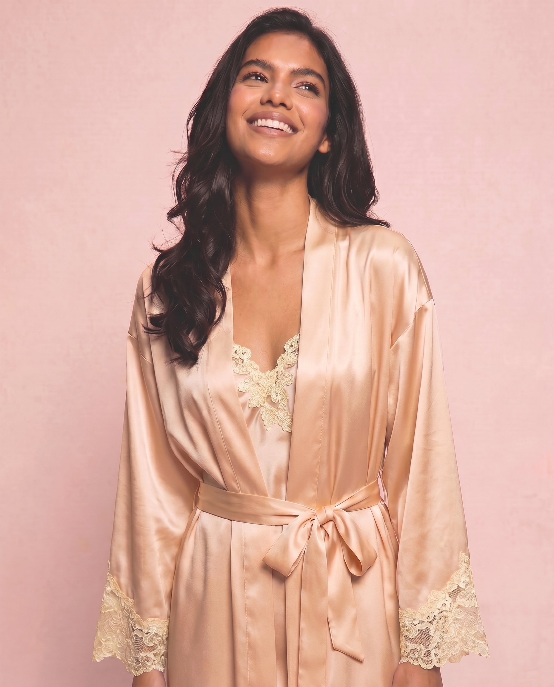 Maya Silk Short Robe in Beige