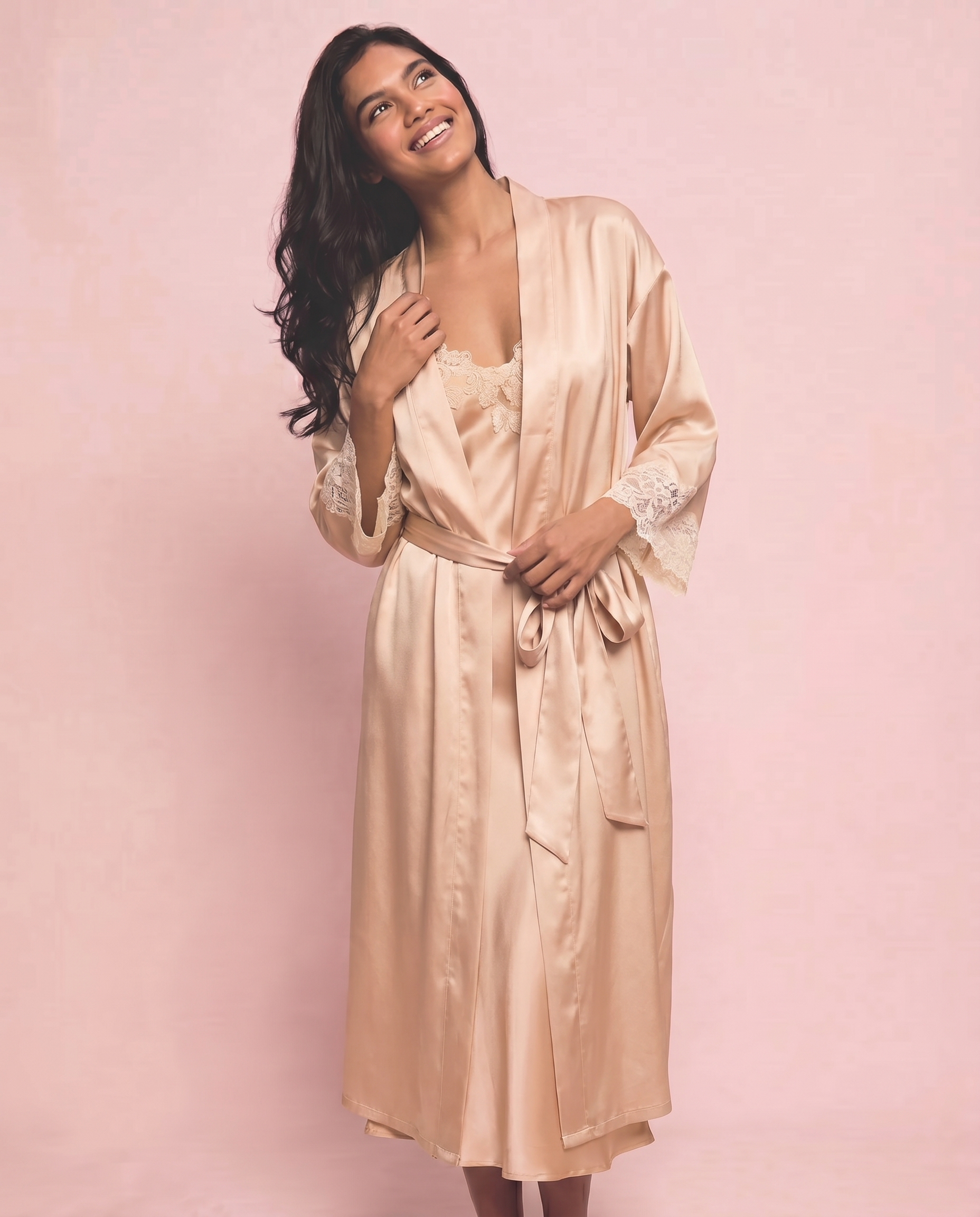 Margo Silk Long Robe in Beige