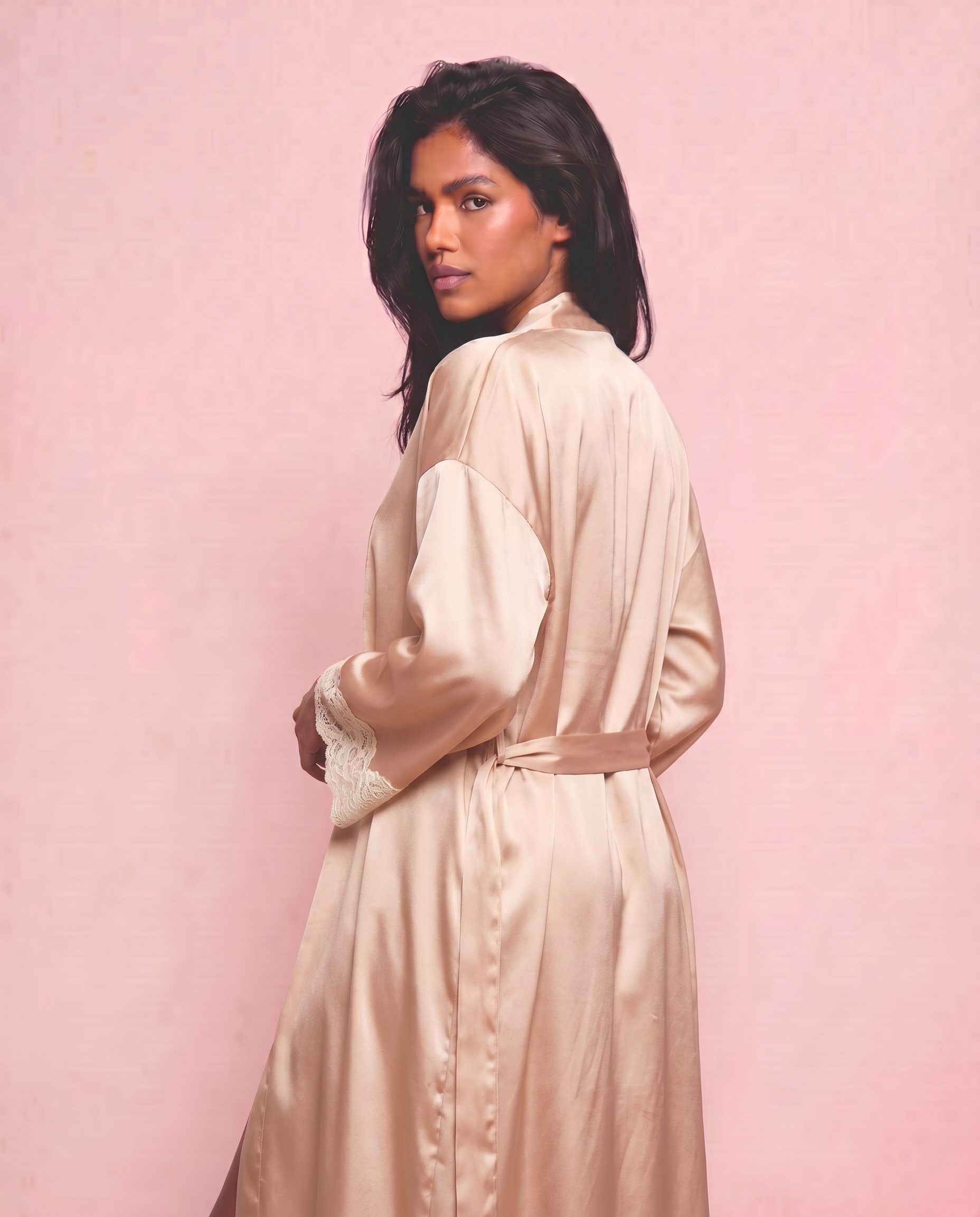 Margo Silk Long Robe in Beige